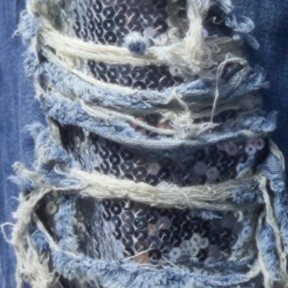 New Cool Distressed Ripped Sequin Wide Leg Jeans size L 30-31 - Picture 3 of 9